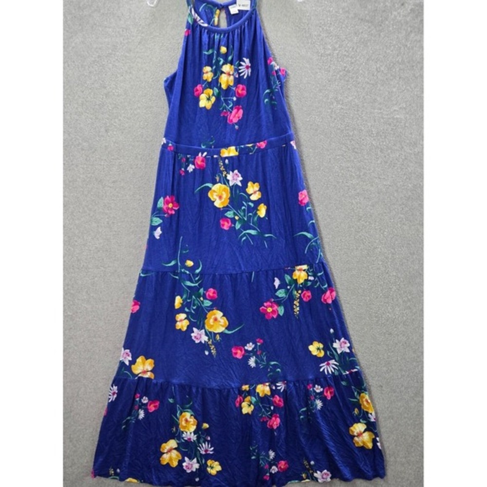 Old Navy Women Dress Large Blue Maxi Trapeze High Neck Tiered Sleeveless Keyhole